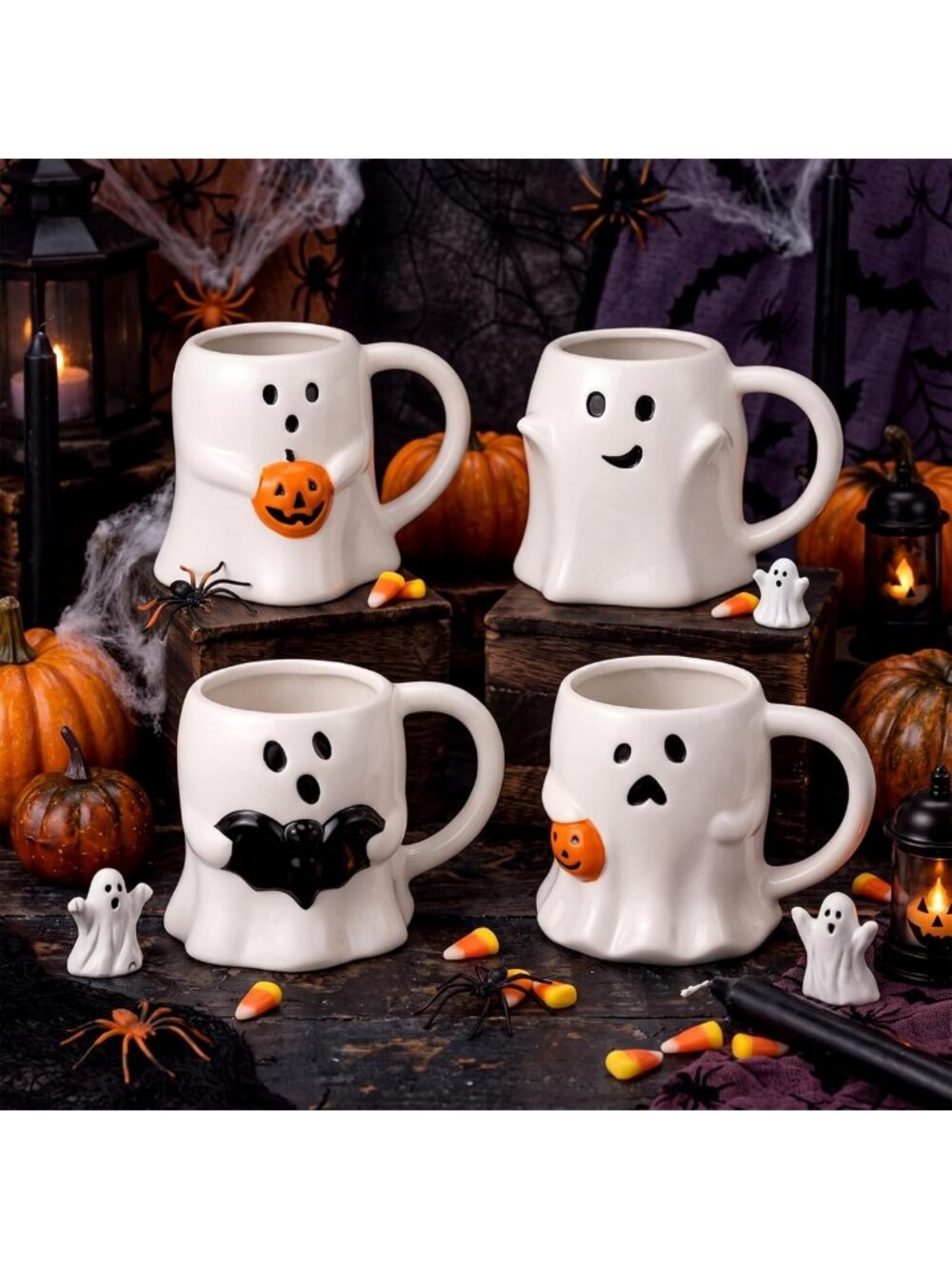 Cute Halloween Ghost Coffee Mugs Set of 4 - 14 oz Ceramic Coffee Cups
